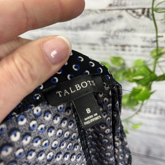 Talbots Skirt 8 Navy Blue Polka Dots Knee Flared A Line Slinky Stretch Modest - Picture 8 of 8